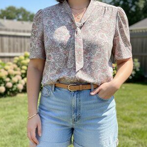 Vintage Devon Paisley Blouse Bow Tie Neck Pink Sage Green USA Made Size 16